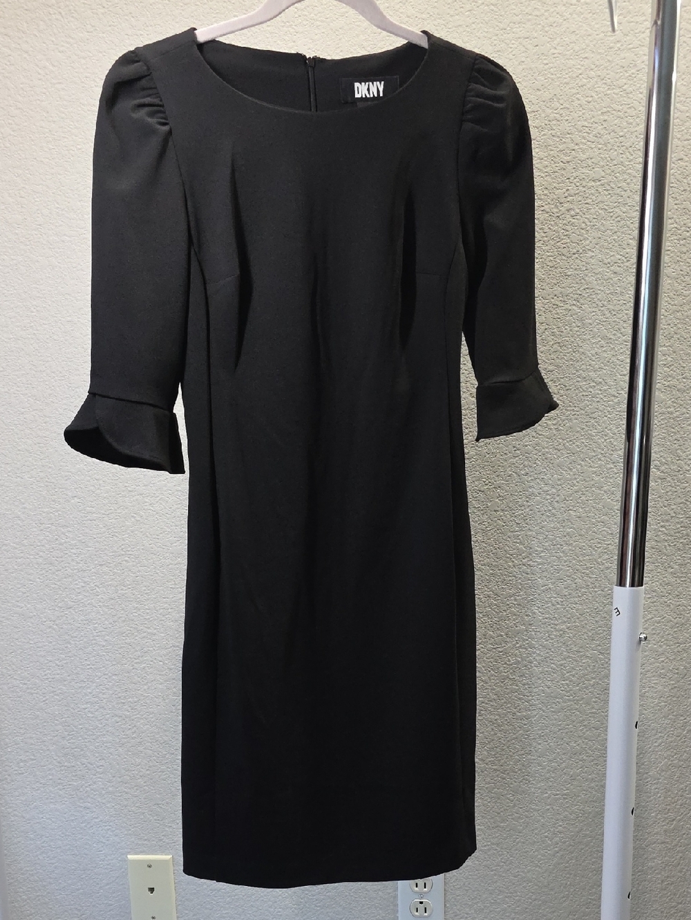 DKNY Black Midi Dress with Ruffled Elbow Sleeves